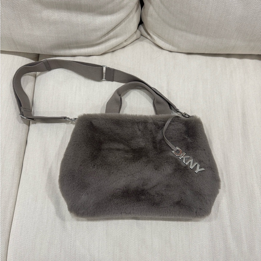 DKNY Roni Fur Tote Bag with Logo Charm, Gray/Silver